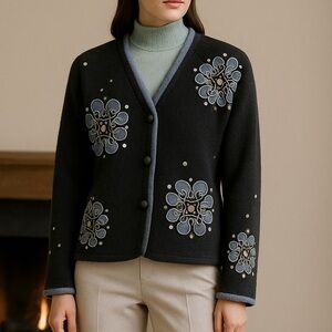 CoVelo Womens Black Floral Embroidered Wool Blend Blazer Coat Small Old Money